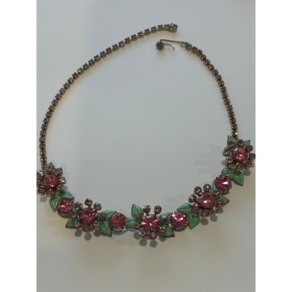 Vintage 40's Pink Purple Rhinestones Green Enamel Necklace - Picture 1 of 7